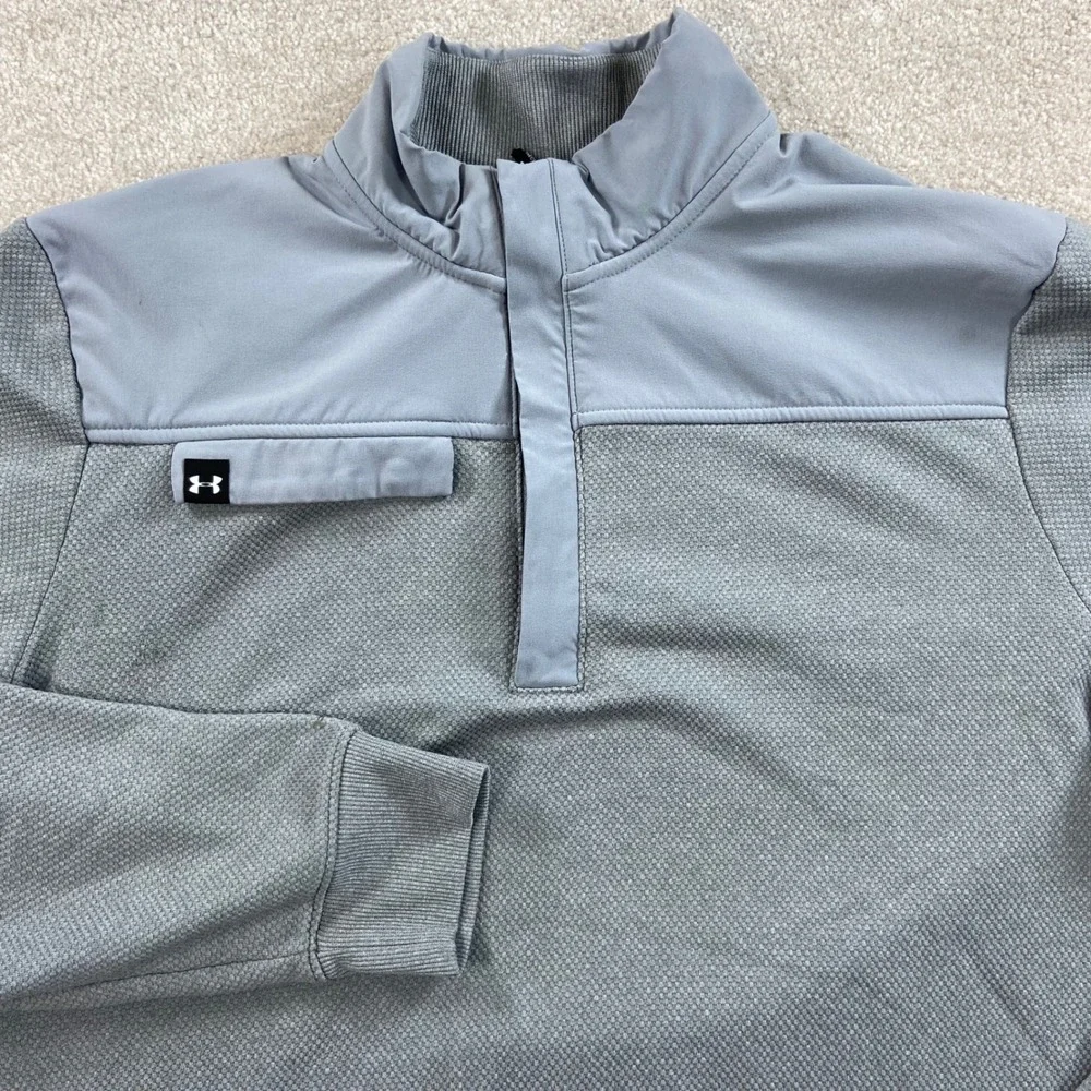 Under Armour Storm Golf Pullover Mens Large Gray Snap Mock Neck Teal Bend Logo